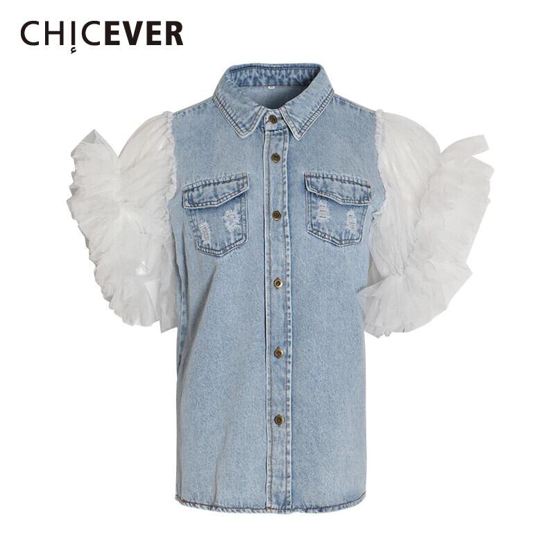 CHICEVERブルージャケットレディースラペルパフハーフスリーブパッチワークメッシュフリル擦り切れヴィンテージコート2020秋の服 半袖 ラッフル オータム 秋物 ビンテージ 6base572676473905