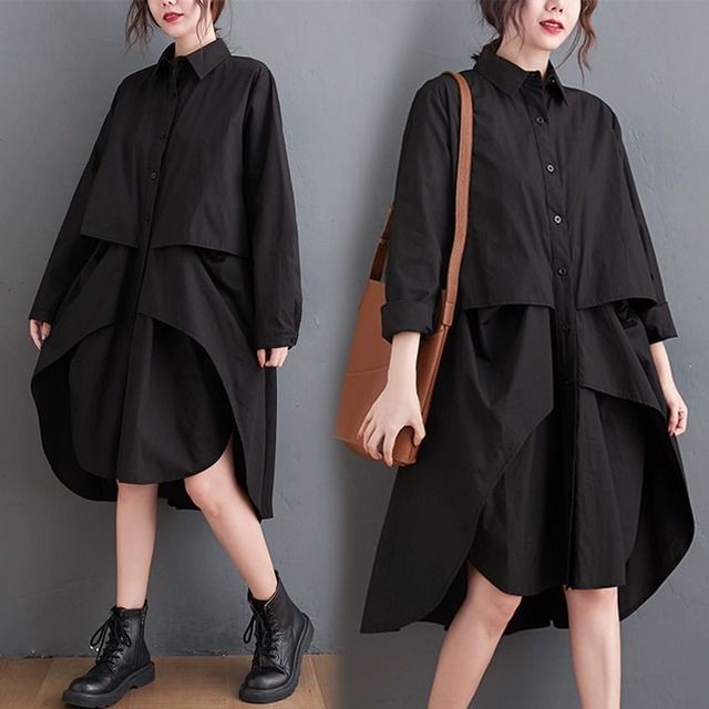 SOLID IRREGULAR SILHOUETTE LONG SLEEVES MIDI SHIRT DRESS 2colors M-10101