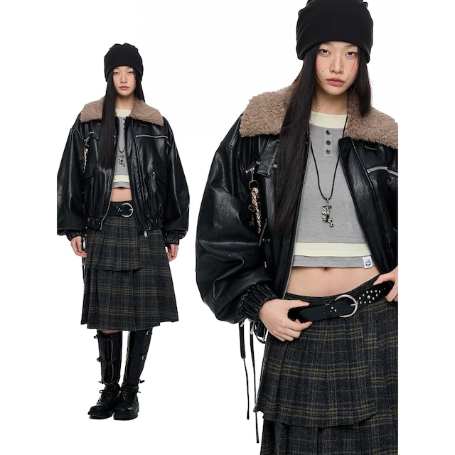 [JIKOO] fur collar drawstring leather jacket