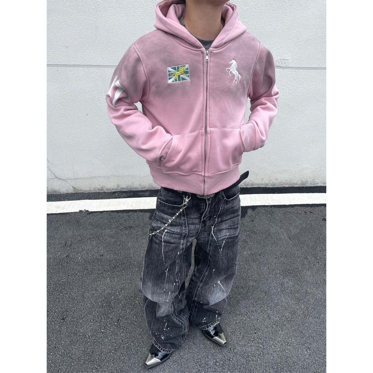 VINTAGE ストリート 裏起毛 汚れ加工ピンクジップパーカー T1991