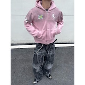 VINTAGE ストリート 裏起毛 汚れ加工ピンクジップパーカー T1991