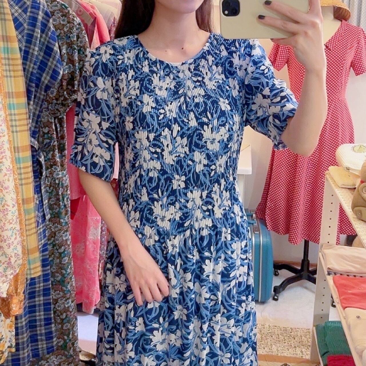 white lily blue pleats one-piece