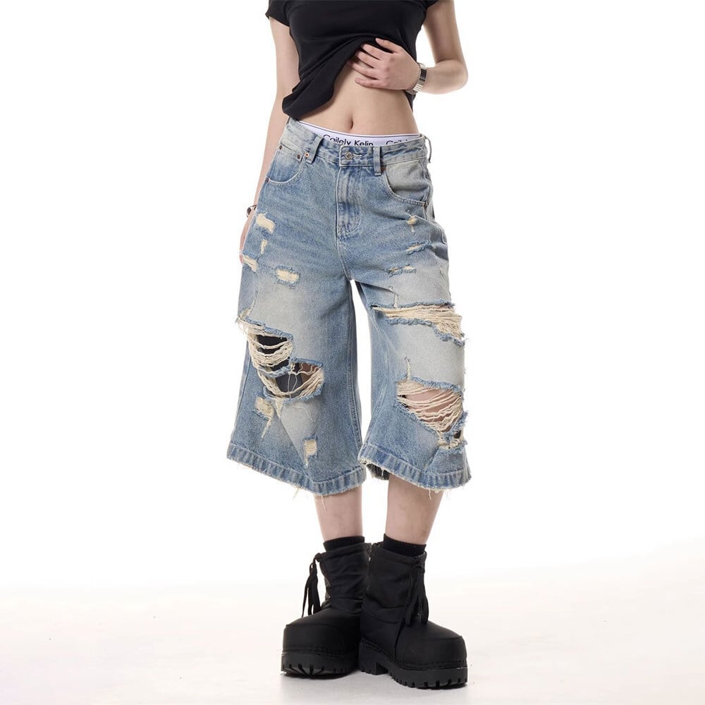 【送料無料】 デニムパンツ ダメージ加工 レディース デニム ワイド ジーンズ 韓国 ストリート アメカジ ヴィンテージ 柔らかい レトロ ウォッシュ加工 春夏 Aライン ゆったり 大人可愛い 大人女子