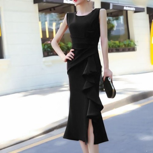 ワンピースドレス レディース ノースリーブ フリル 結婚式 パーティ お呼ばれ ドレープ 黒ドレス ワンピースドレス レディース ノースリーブ フリル 夏 結婚式 パーティお呼ばれ シンプル スリット