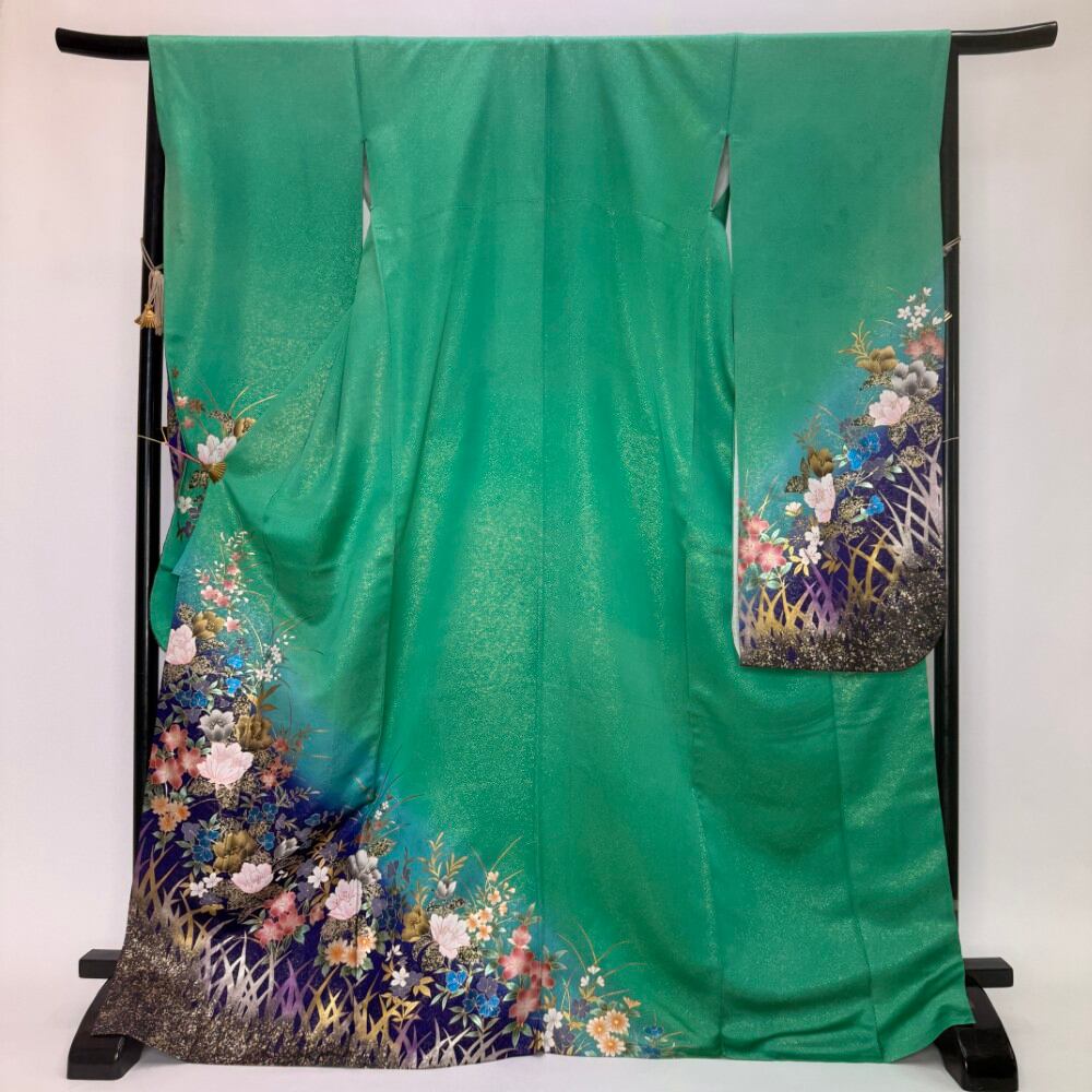 振袖 中古 緑 正絹 古典 リメイク 裄67.5cm 身丈173.2cm 美品 L サイズ 成人式 6277
