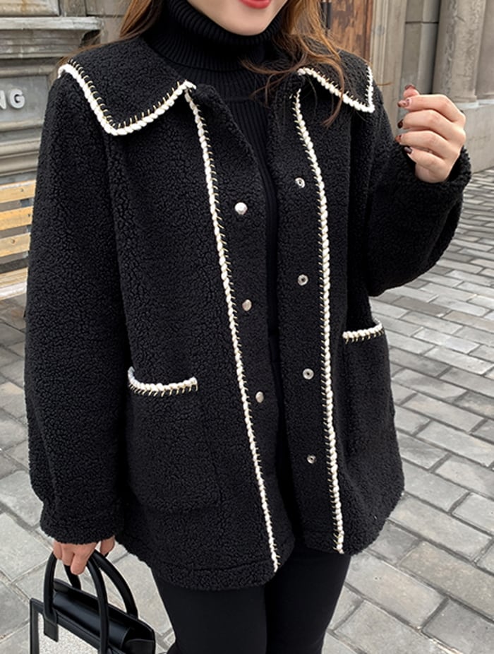 ボアジャケット 編み込み ブラック 秋冬 オーバーサイズ フェミニン 大人可愛い オルチャン 大きいサイズ 韓国 CH3025