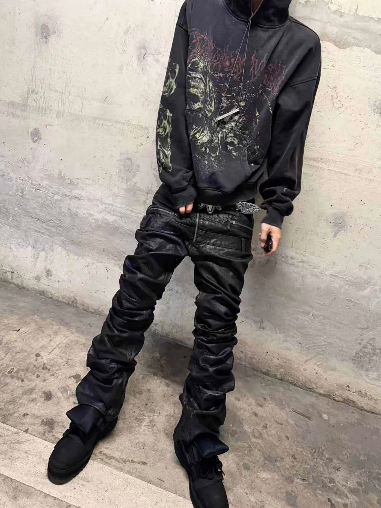 【CinderVein】Triple Waist Paneled Coated Denim Pants