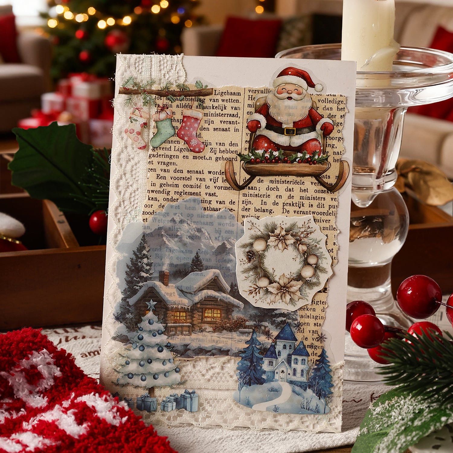 【クリスマス】シール PET素材 AB26 全4種  サンタ トナカイ ケーキ ツリー 冬 雪 動物 手帳 コラージュ素材 海外 ほぼ日