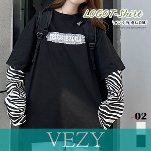 Tシャツ トップス 重ね着風 カットソー ゼブラ柄 ロゴTシャツ デイリー ゆったり 長袖トップス 春秋冬 オルチャン シンプルTシャツ 半袖VEZY ベジー  ItemNo.【17015090】