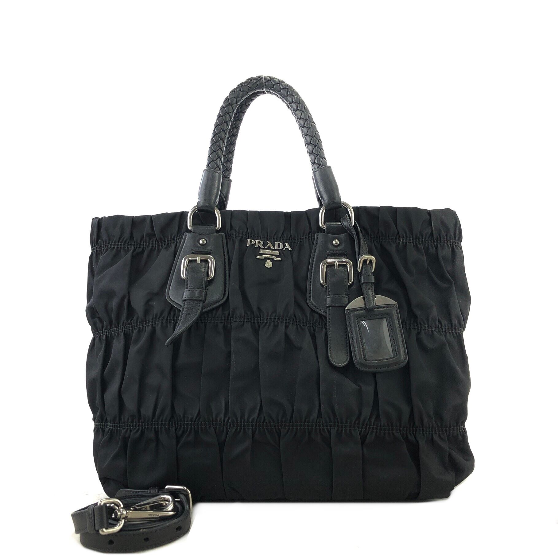 PRADA プラダ ブランドロゴ ナイロン ハンドバッグ 2way シャーリング ショルダーバッグ ブラック vintage ヴィンテージ オールド vbrtdm | VintageShop solo powered by BASE