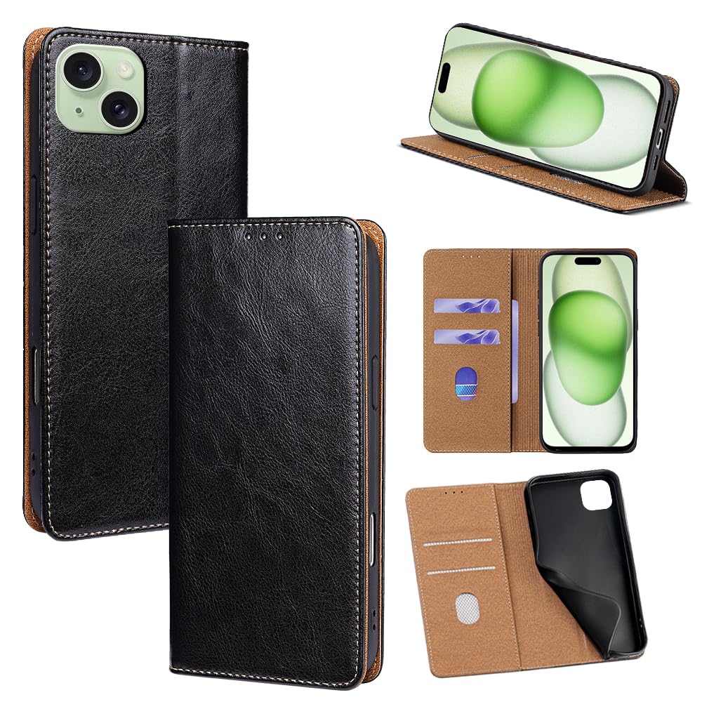 For iPhone 14 Plus ケース 本革 手帳型 For アイフォン14 プラス 牛革 カバー 上品 レザー 横置きスタンド機能 カード収納 2枚 人気 マグネット搭載 耐衝撃 全面保護 シンプルカバー 便利 ハンドメイド 高質感牛革 おしゃれ 汗や指紋防止 肌触り良い 360度保護 男女兼用 COCOCLOUD ブラック