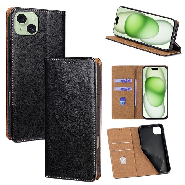 For iPhone 14 Plus ケース 本革 手帳型 For アイフォン14 プラス 牛革 カバー 上品 レザー 横置きスタンド機能 カード収納 2枚 人気 マグネット搭載 耐衝撃 全面保護 シンプルカバー 便利 ハンドメイド 高質感牛革 おしゃれ 汗や指紋防止 肌触り良い 360度保護 男女兼用 COCOCLOUD ブラック