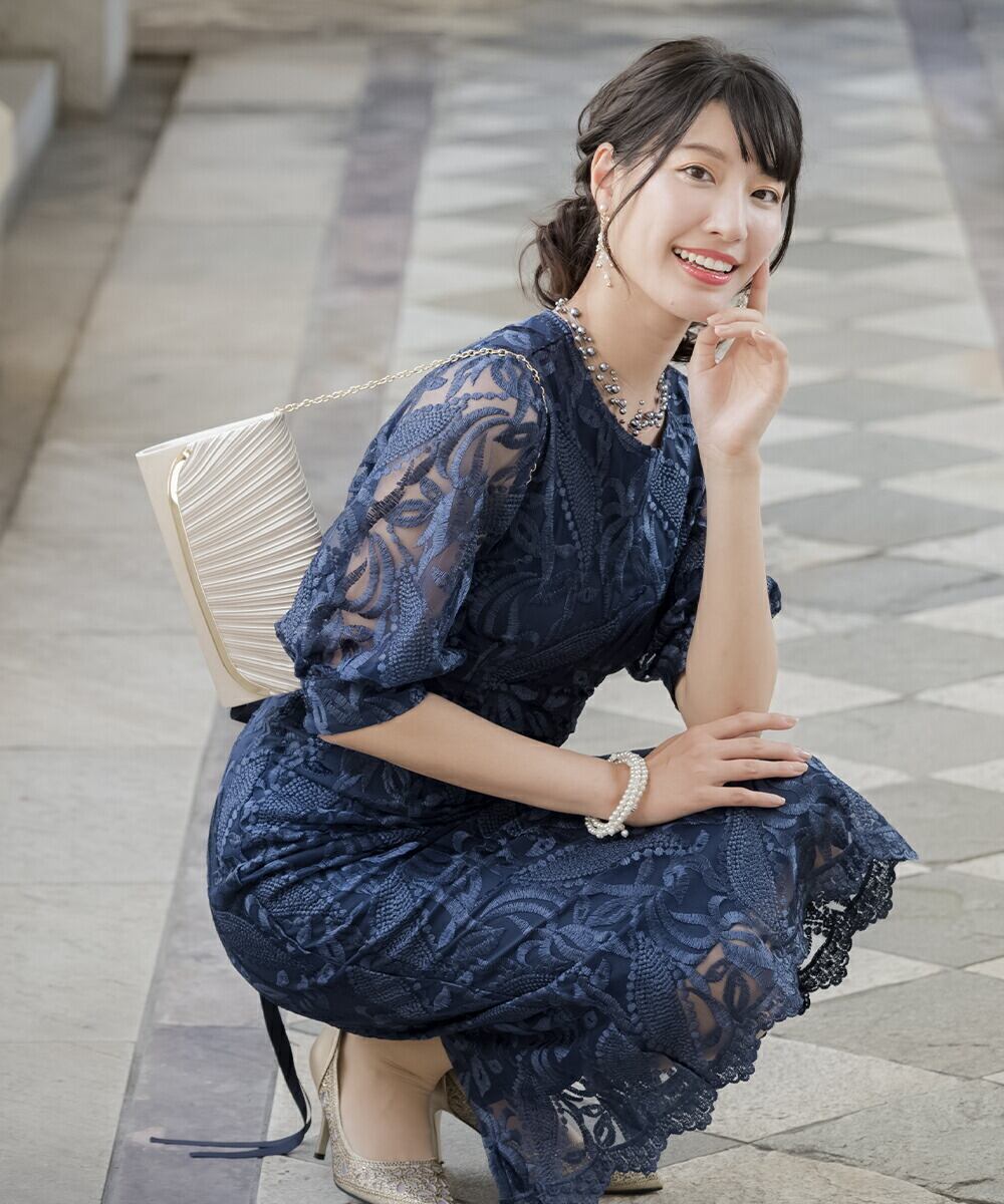 パーティドレス美品ミモレ総レース大人可愛い編み上げリボン