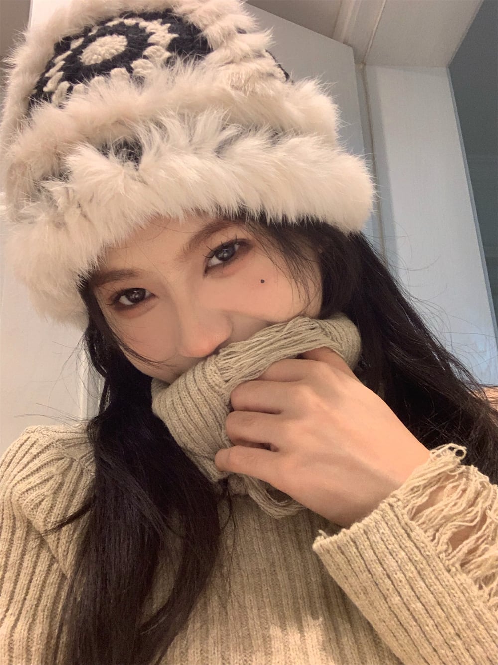 帽子 レディース ハット ニットハット 毛皮 ファー ニット帽 ドーム柄