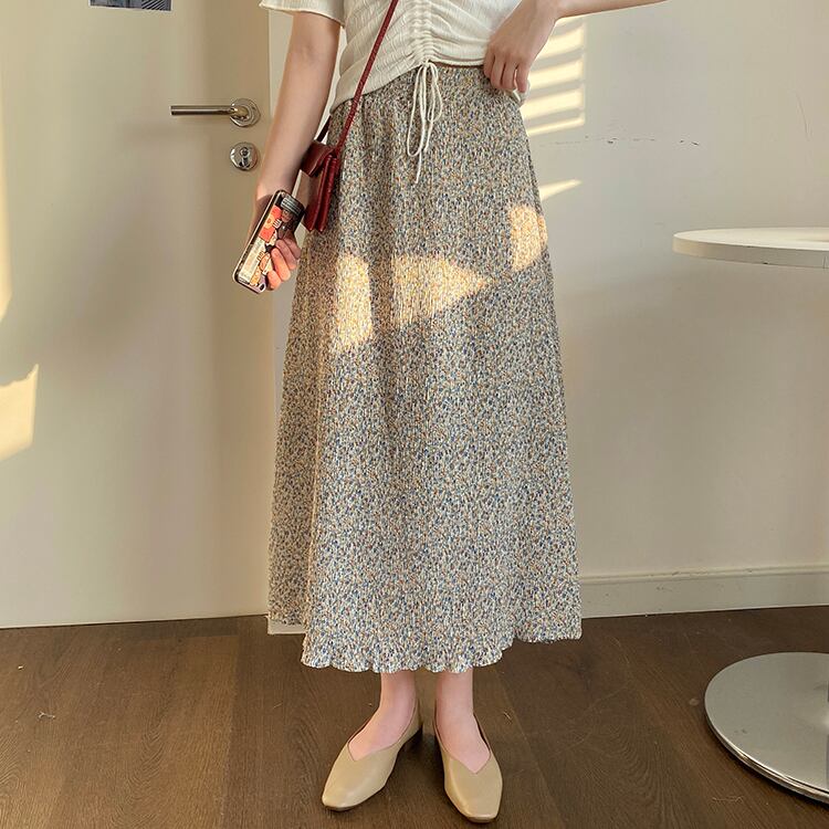 スプリングスカート Aラインハイウェストウェスト薄手フローラルシフォン 春物 花柄 1号婦人79635288990