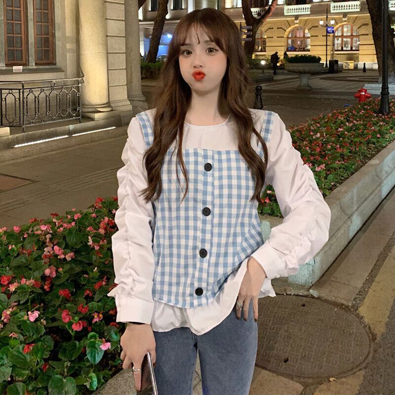 格子柄シャツ スタイルスプリングルーズウェストプリーツスリーブトップス 春物 萌量不足16138858897