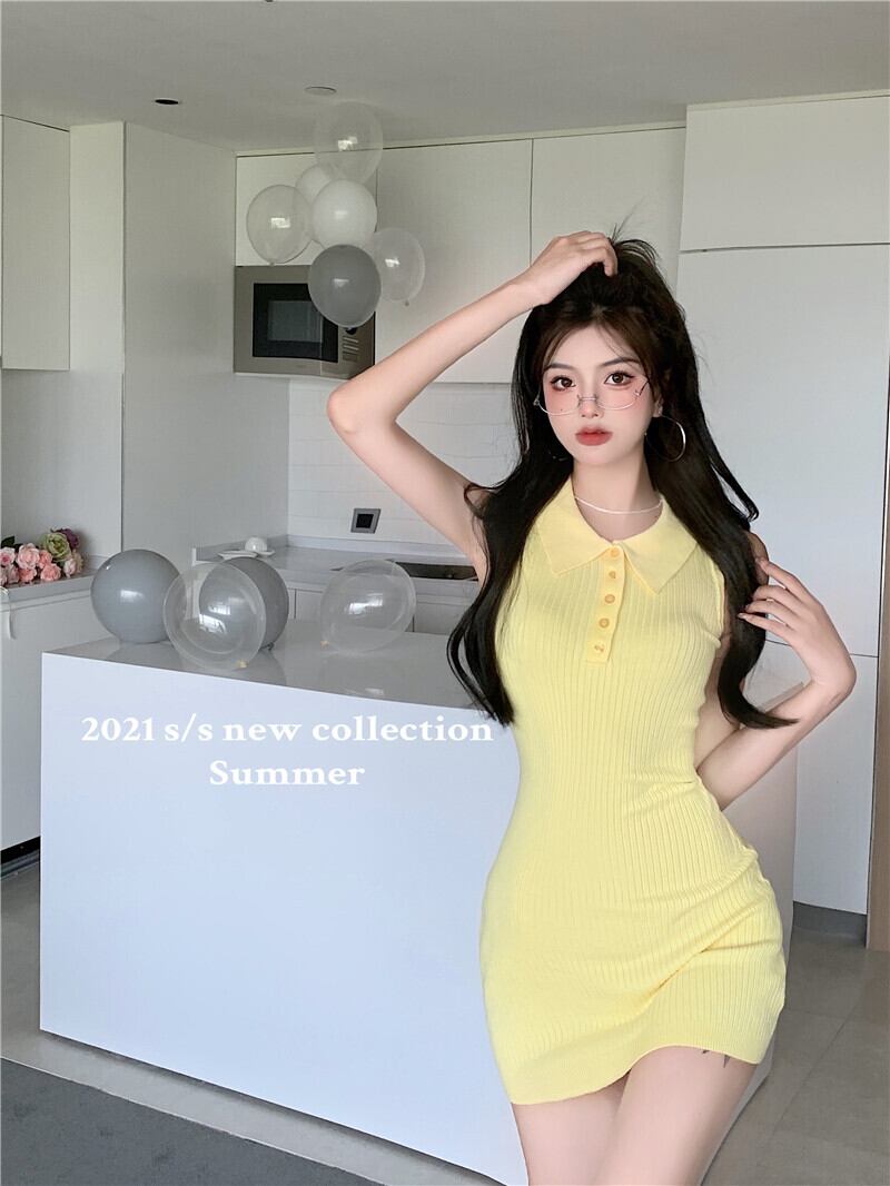 ニットドレス イエローウェストショートスカート サマースタイル 夏物 ブラックストロベリース36831517932