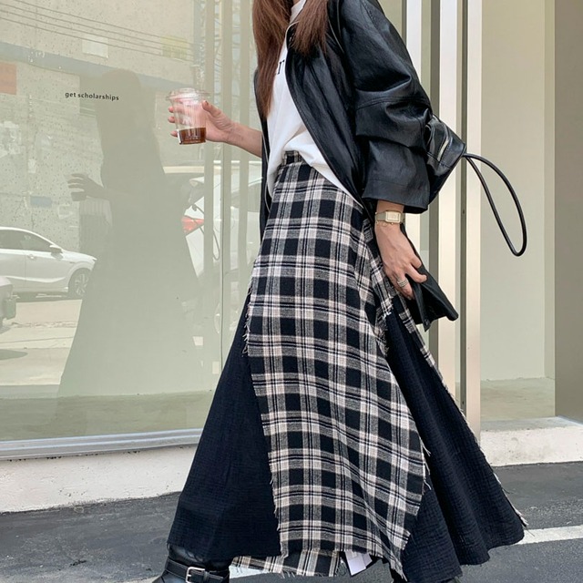 Check layered flared long skirt　2litr05996