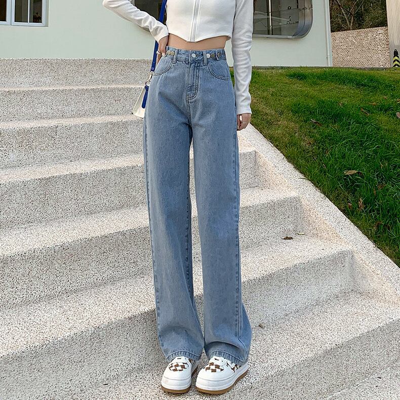 【新作】【送料無料】 女性のためのウエスト 7 ボタン調節可能なジーンズ 2022 春と秋の新しいハイウエスト ストレート ワイドレッグ パンツ 0315035065908