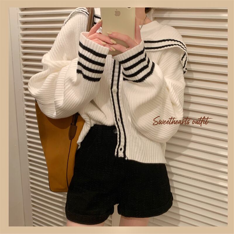 スタイルショートネイビーカラーニットカーディガンルーズセーター コート オータムベージュトップス 秋物 モンロー8665878948