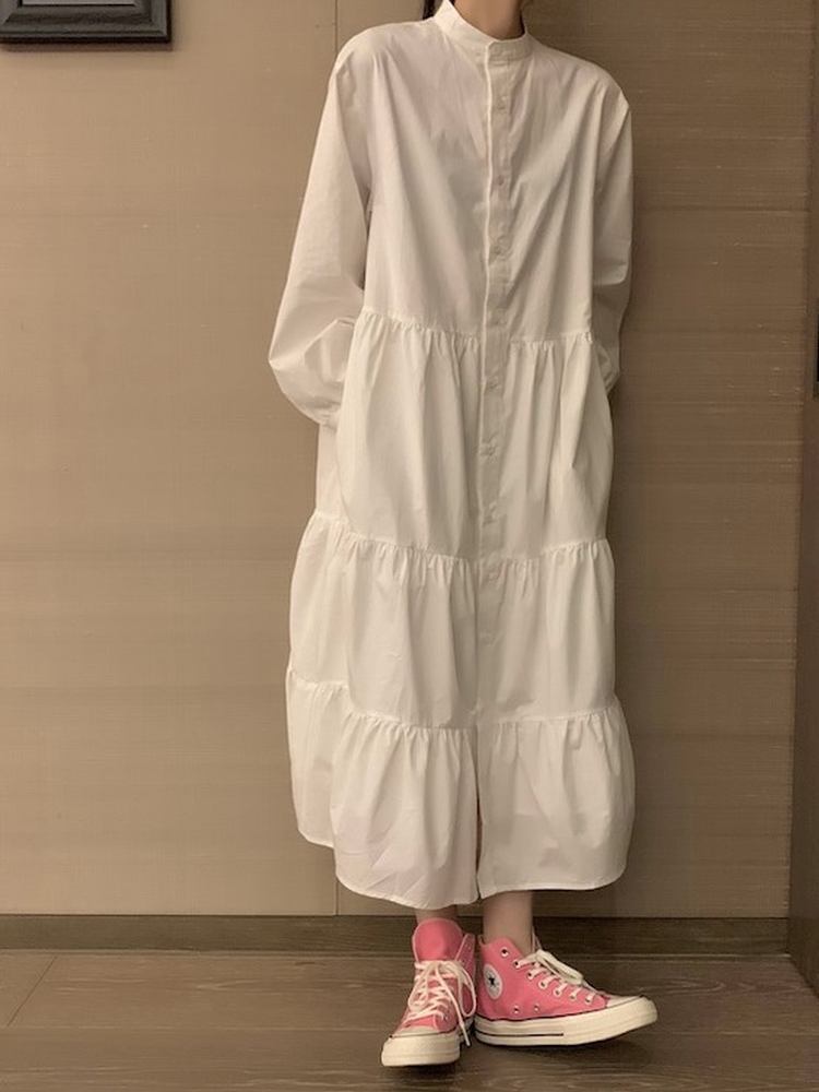 ティアード シャツワンピース 無地 通勤スタイル かわいい カジュアル 大きいサイズ 韓国 CH8860