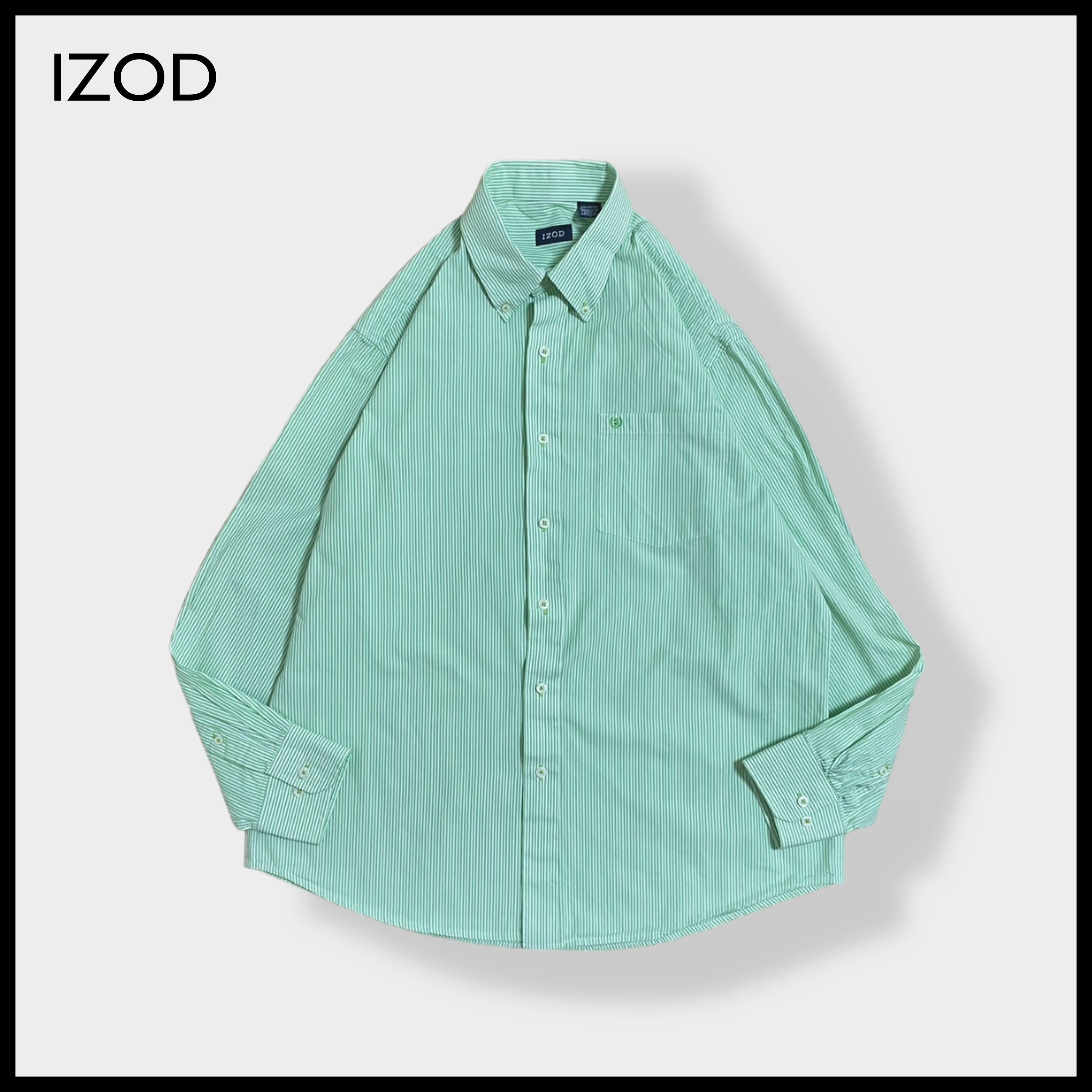 【IZOD】ストライプシャツ ライトグリーン ボタンダウン 刺繍ロゴ ...