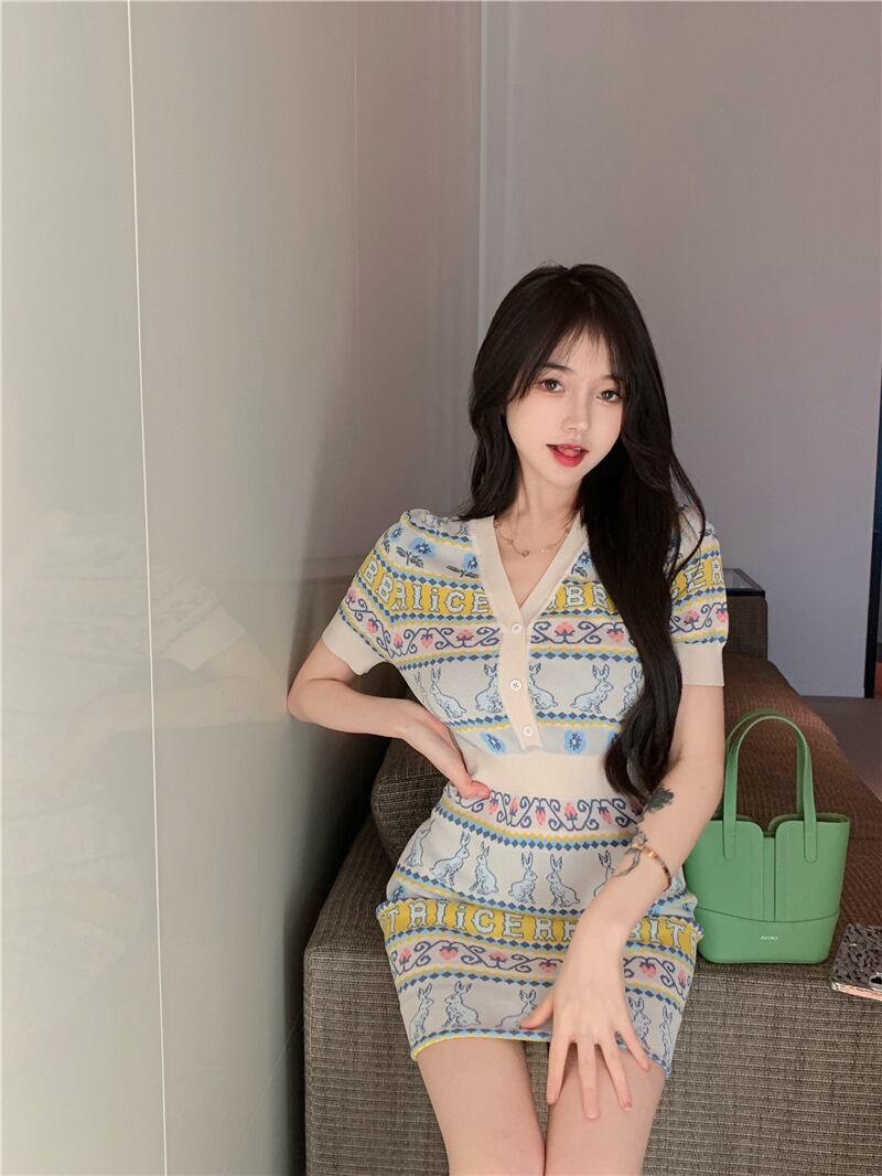 スタンダードニットドレス サマー薄手スタイルショートスカート ウェスト レトロ 夏物 ブラックストロベリース78531678383