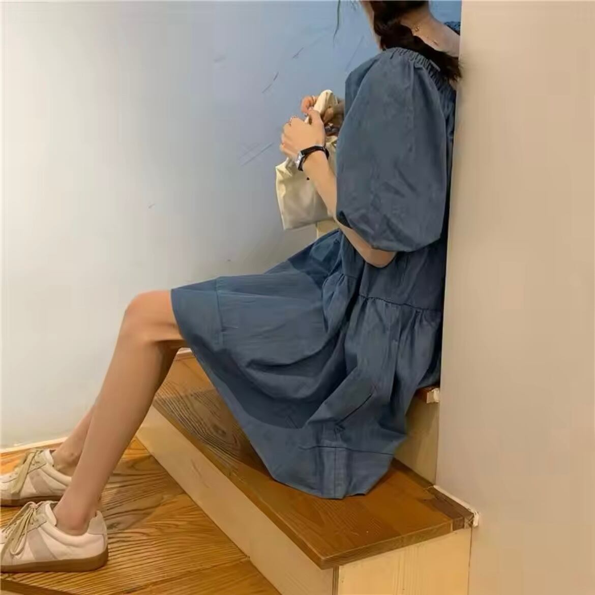 スクエアネックデニムティアードミニワンピース