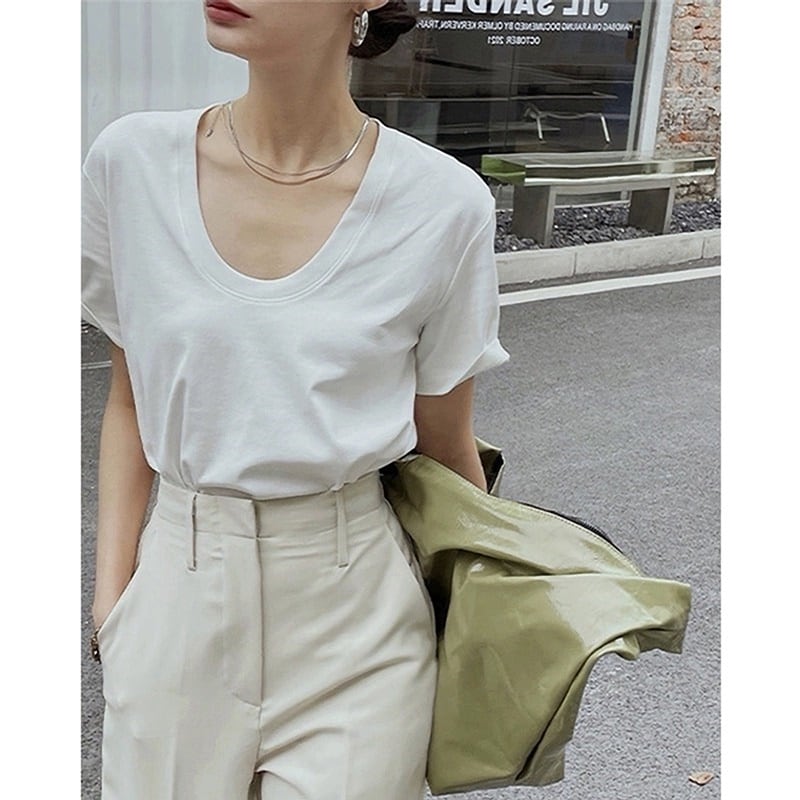 Uネック スタイリッシュ 半袖 Tシャツ ◆5col 203862