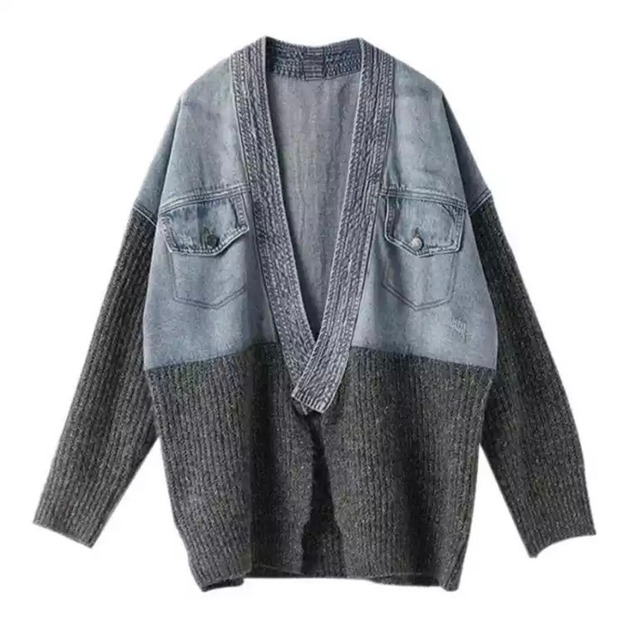 【TR3022】Patchwork Denim Sweater Jacket