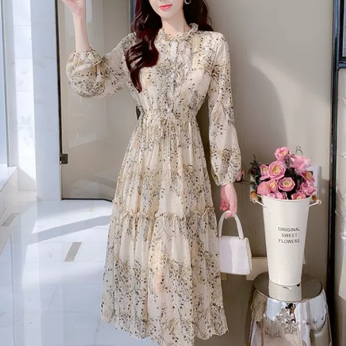 シフォンワンピース レディース ワンピース プリントワンピース 総柄 フローラル フリルネック ボタン 長袖ワンピース ミドル丈ワンピース Aラインスカート フェミニン カジュアル きれいめ 春夏