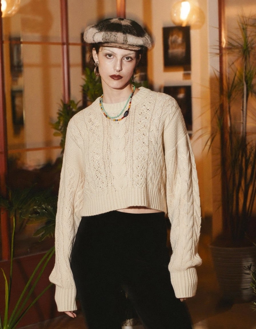 Boucle Cable Wide Sweater / Vanilla | AMBERGLEAM