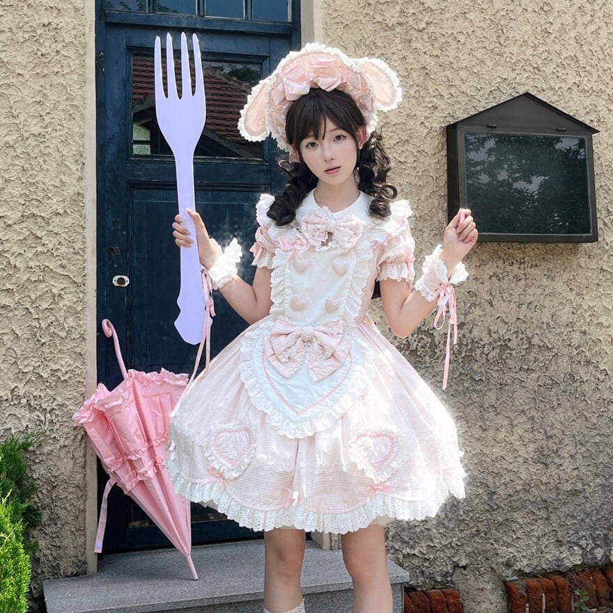 メイドロリータ ワンピース ハートエプロン付き レースフリル 撮影会