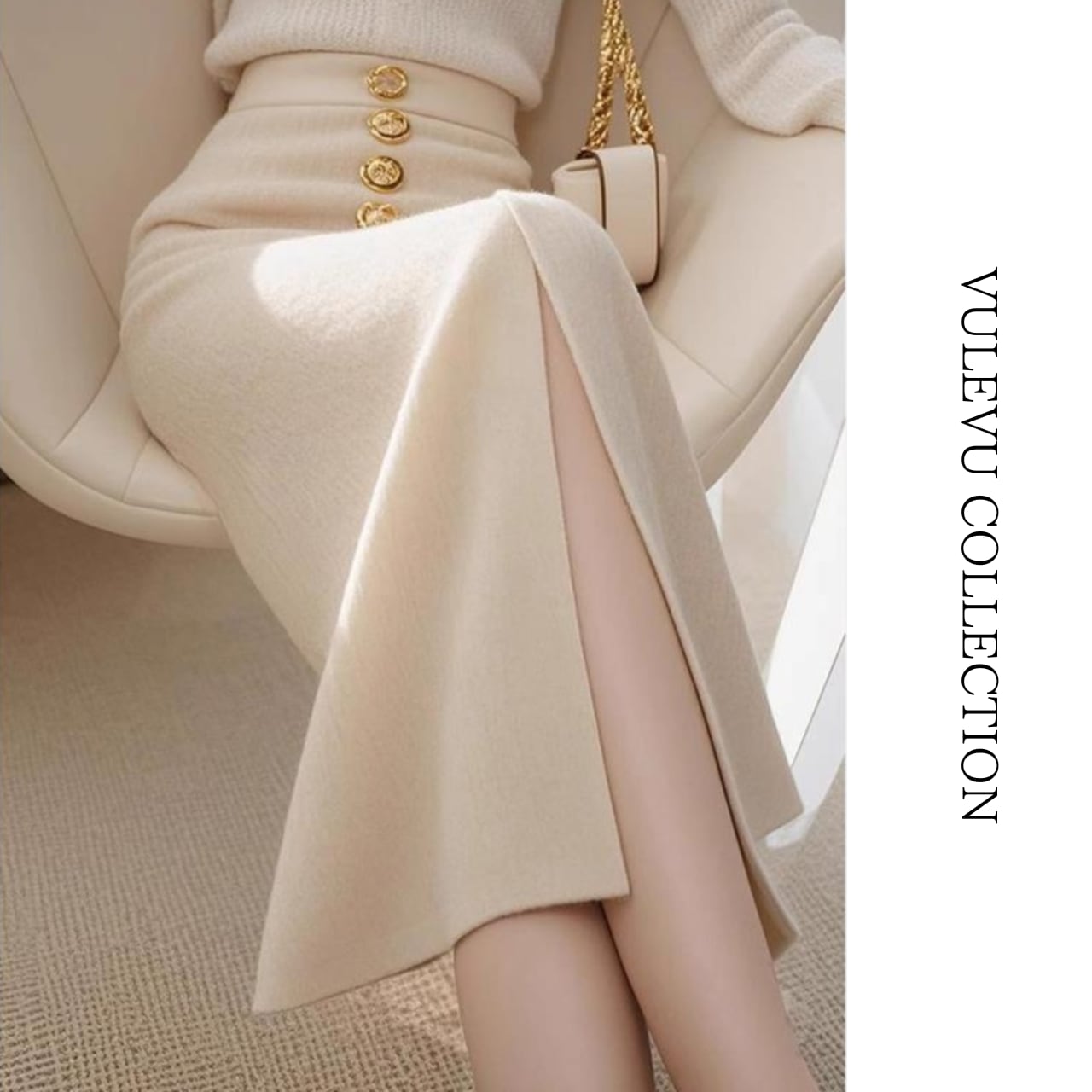 オフホワイト スリットミディスカート B04