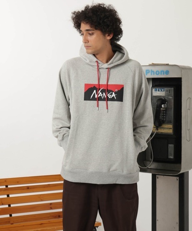 ★40％OFF【NANGA ナンガ】エコハイブリッドロゴ スウェット フーディー ECO HYBRID BOX LOGO SWEAT HOODIE　ライトグレー