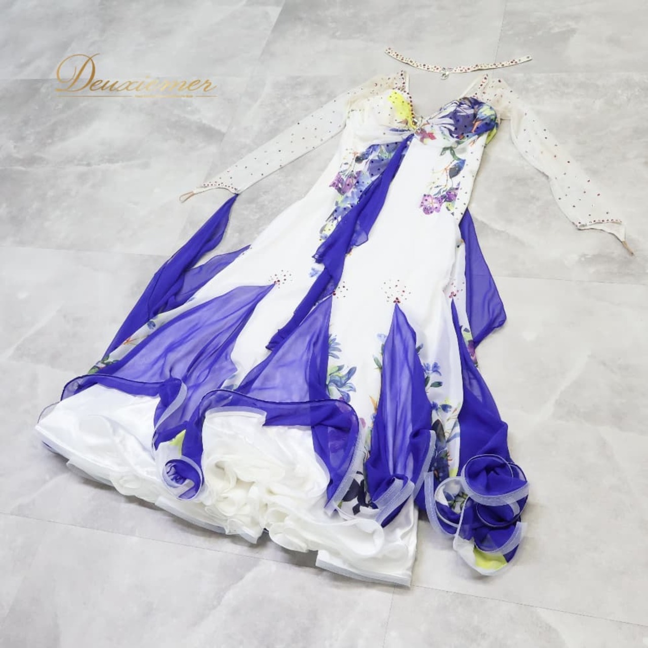 社交ダンス 衣装 in the MOOD インザムード ドレス ワンピース スタンダード ブルー系 パープル系 ホワイト系 白 青 花柄 フロート レース ダンス パーティ 発表会 綺麗 デモ 競技 上品 エレガント 華やか