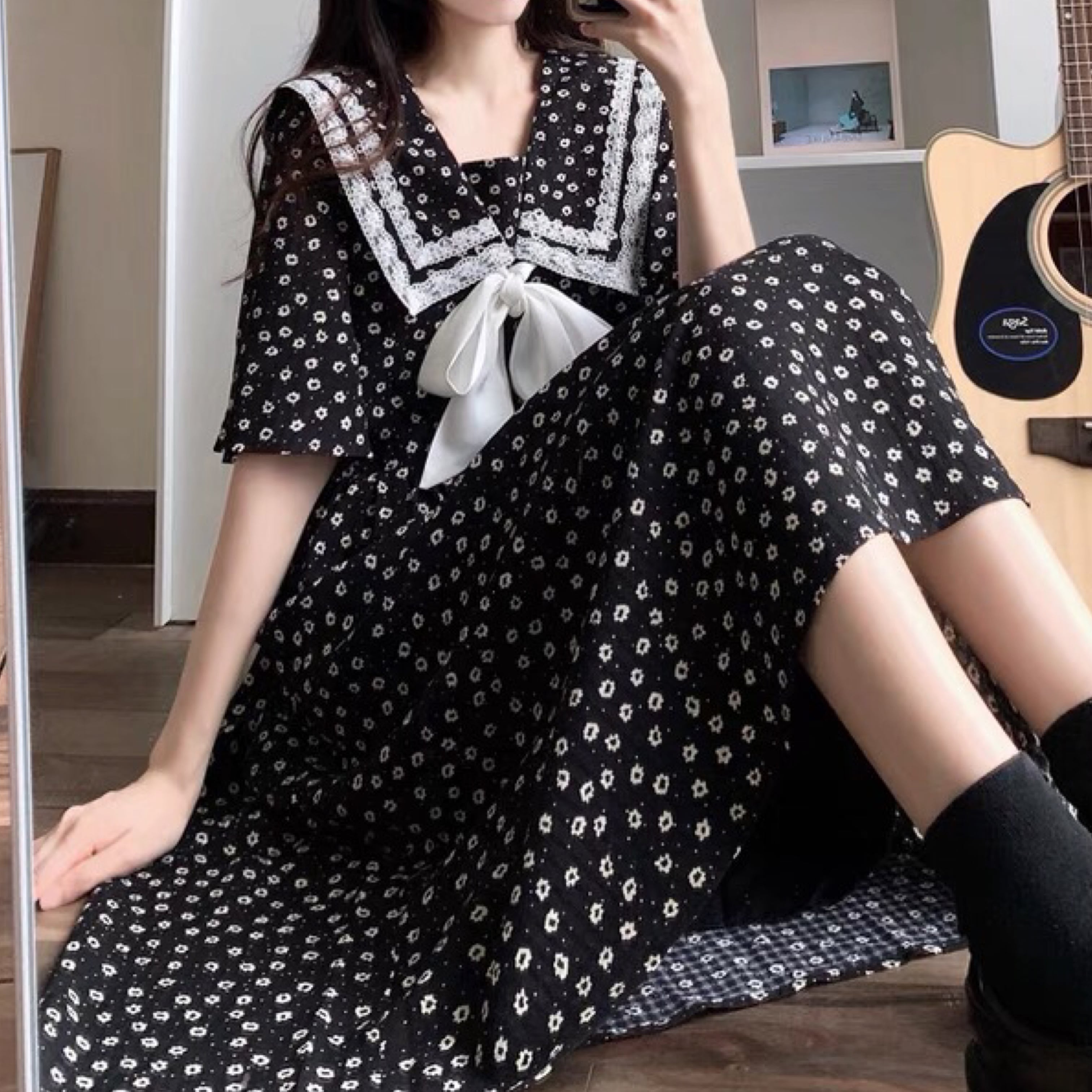 フレンチガーリー 花柄セーラーカラーワンピース B0560 Retro N
