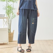 TRUBEスモールフィッシュアップリケ切替デザインバレルテーパードデニムパンツ【M~L】ネイビー