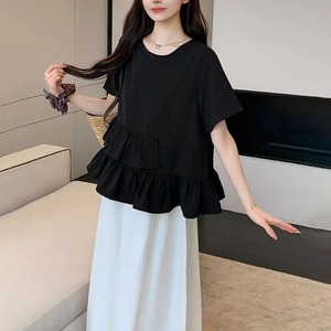 Tシャツ 半袖 レディース 春夏秋 韓国 フリルTシャツ きれいめ 大人 かわいい おしゃれ ペプラム アシンメトリー 裾フレア 大人可愛い 大人女子