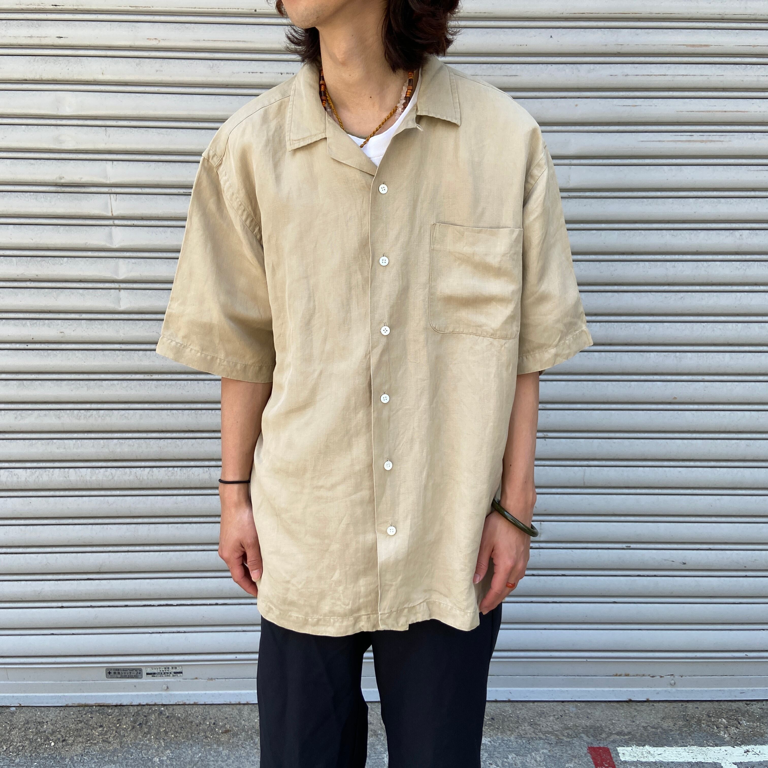 送料無料』Ralph Lauren 90s オープンカラーシャツ ベージュ L リネン 