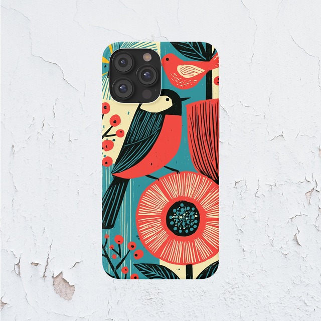 受注生産 iPhoneケース 鳥と赤い花の民芸柄｜鳥モチーフ FMSY095B