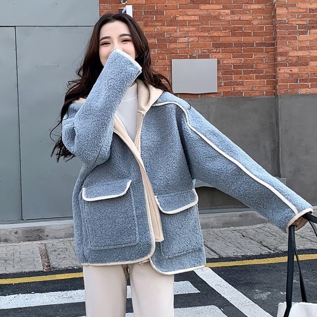 【予約販売】ボアジャケット レディース ショート丈 重ね着風 フード付き レイヤード カジュアル 秋冬 アウター おしゃれ こなれ感 韓国 S/M/L/XL