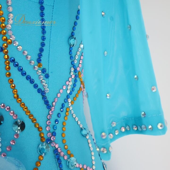 社交ダンス 衣装 ラテン ドレス ワンピース 水色 レース フリル 青