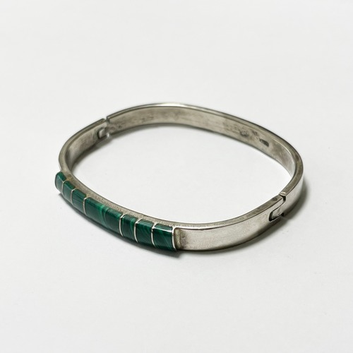 Vintage 925 Silver & Malachite Hinged Bracelet Made In Mexico