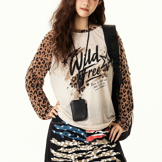 レオパードスリーブグラフィックロングスリーブTシャツ 1col   R02557