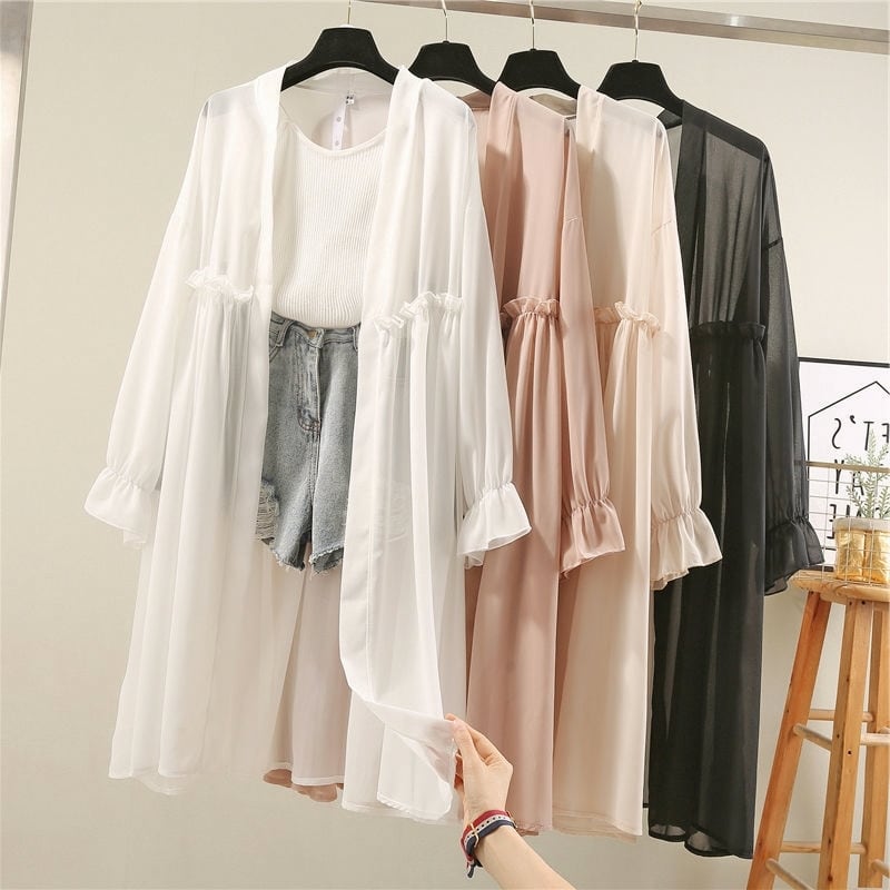 トップス レディース カーディガン ボレロ ロング ロング丈 長袖 トランペットスリーブ ゆったり シフォン フリル かわいい 大人可愛い きれいめ 上品 清楚 フェミニン おしゃれ 綺麗 お嬢様 おとな こなれ感 ラブリー キュート ガーリー 個性的 リラックス アンティーク 抜け感 無地 デート お出かけ 女子会 休日 リゾート 旅行 S M L XL 2XL 3XL 4XL ホワイト ブラック ピンク アプリコット 春 夏 10代 20代 30代 韓国 韓国系 普段使い 着回し モテ 送料無料