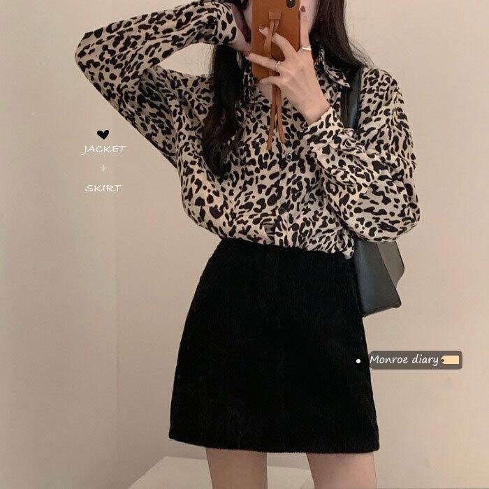 スタンダードレオパードシャツ スプリングルーズトップス コート ロング レッド レトロ 春物 モンロー98306366334