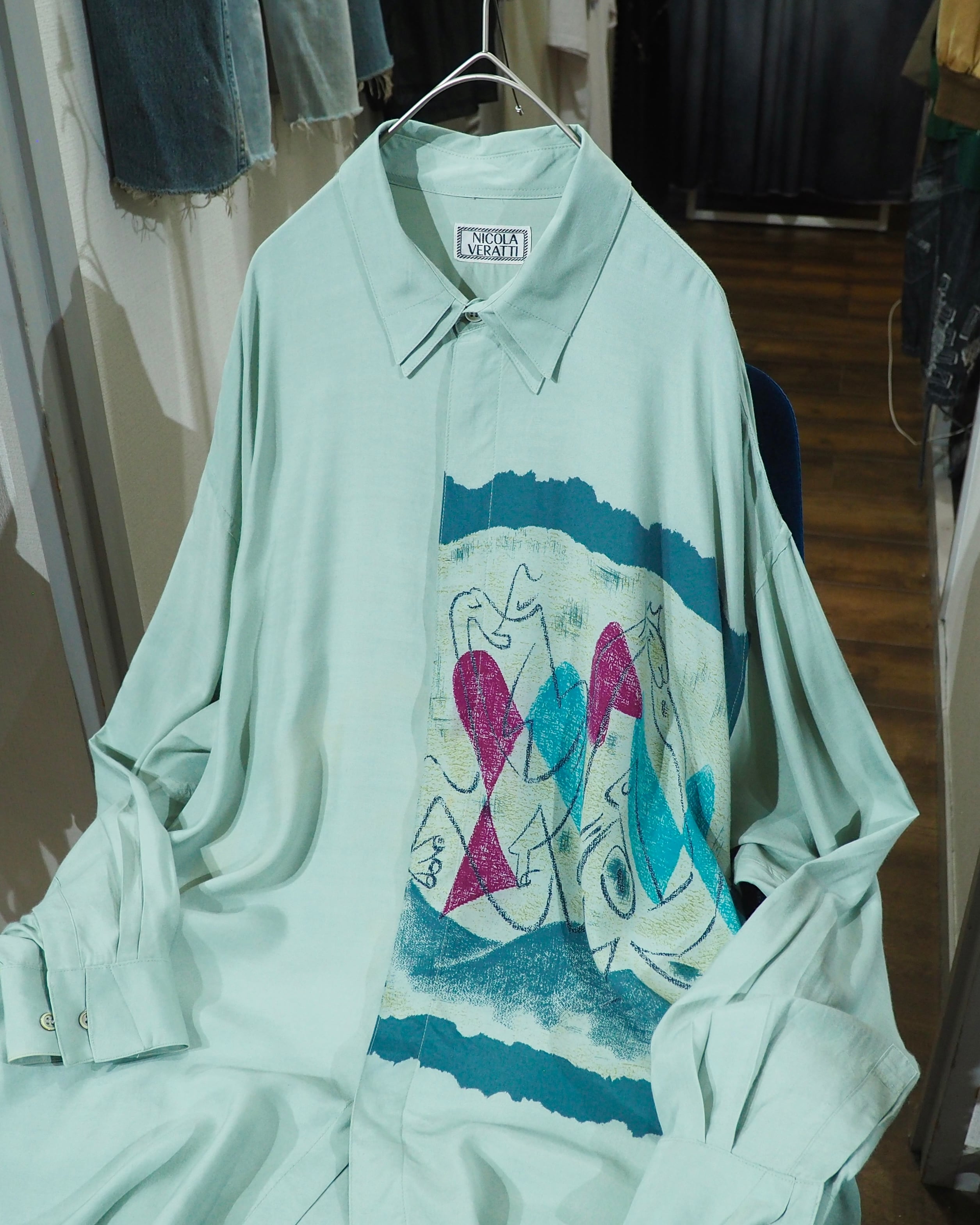 1980 - 90s " NICOLA VERATTI " Abstract Art painting vintage loose Rayon shirt