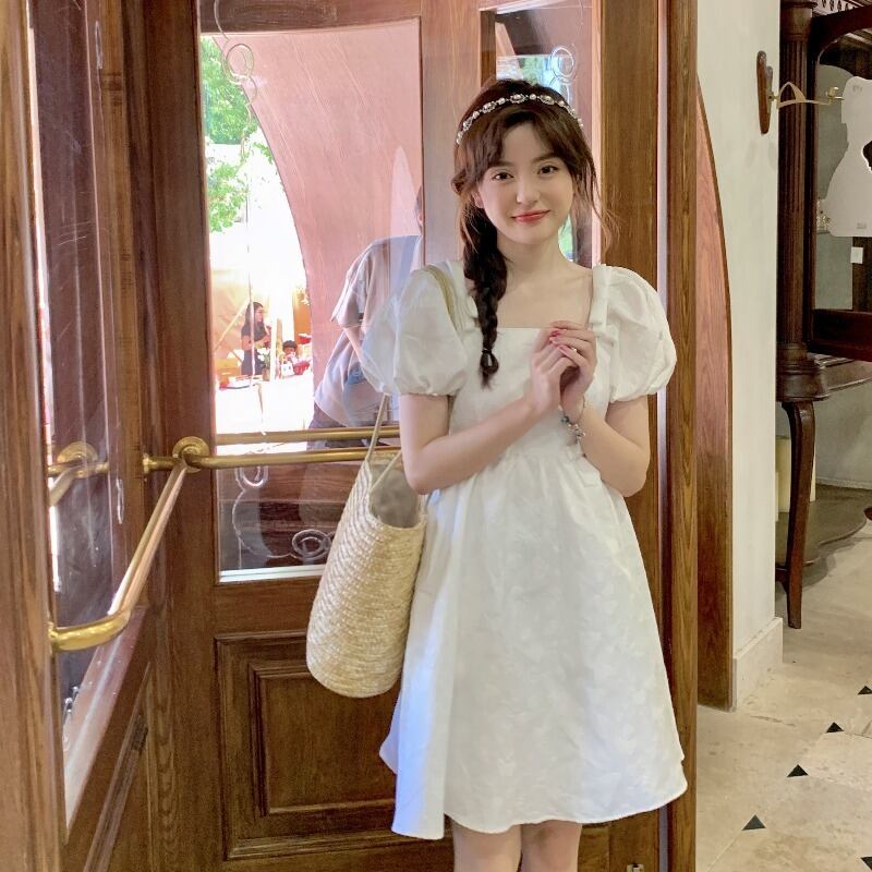 スリーブホワイトドレス サマーカラースカート Aライン 大人ガーリー スウィート キュート カジュアル 夏物 スクウェア 萌量不足16131198171