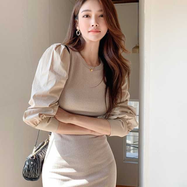 ワンピース ニット 長袖 ニットワンピース クルーネック ミニ パフスリーブ シフォンスリーブ タイト リブニット パーティ レディース ニットワンピ シフォン スリム フェミニン エレガント ハイウエスト おしゃれ ボディライン キレセク セットアップやパンツドレス